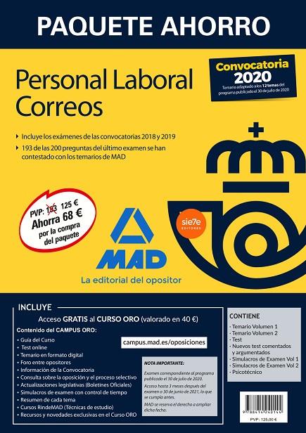 PAQUETE AHORRO PERSONAL LABORAL CORREOS 2020. AHORRA 68 € (INCLUYE TEMARIOS 1 Y | 9788414240144 | 7 EDITORES / GUILLÉN GIL, LUIS IGNACIO / FORUM DE CATALUNYA / GUILLEN DIAZ, LOURDES ALEJANDRA | Llibreria Ombra | Llibreria online de Rubí, Barcelona | Comprar llibres en català i castellà online